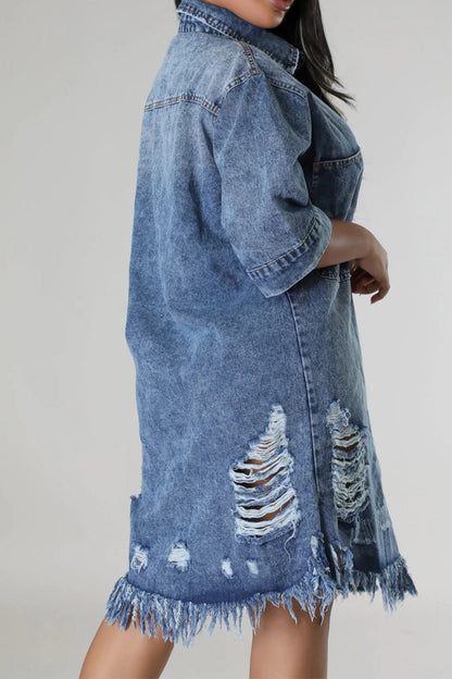 Distressed Raw Hem Button Up Denim Dress.