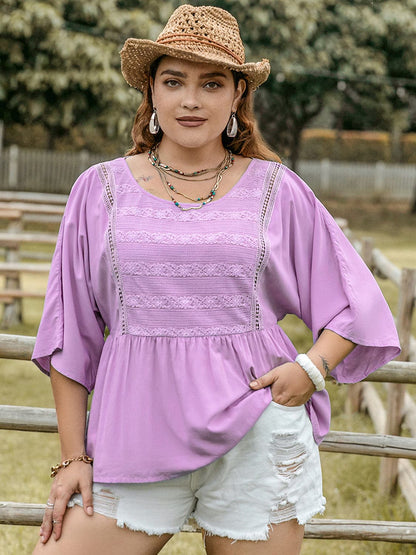 Plus Size Lace Detail Round Neck Three-Quarter Sleeve Blouse.