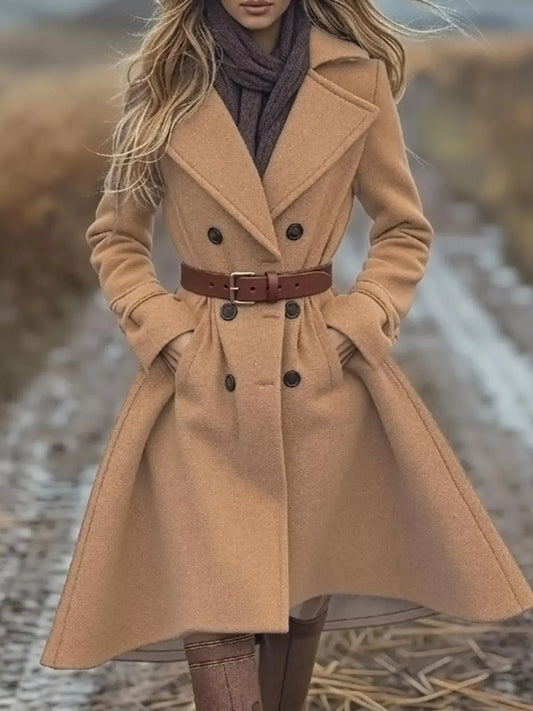 Camel Double Breasted Wool Blend Coat Belted With Pockets Simply Love