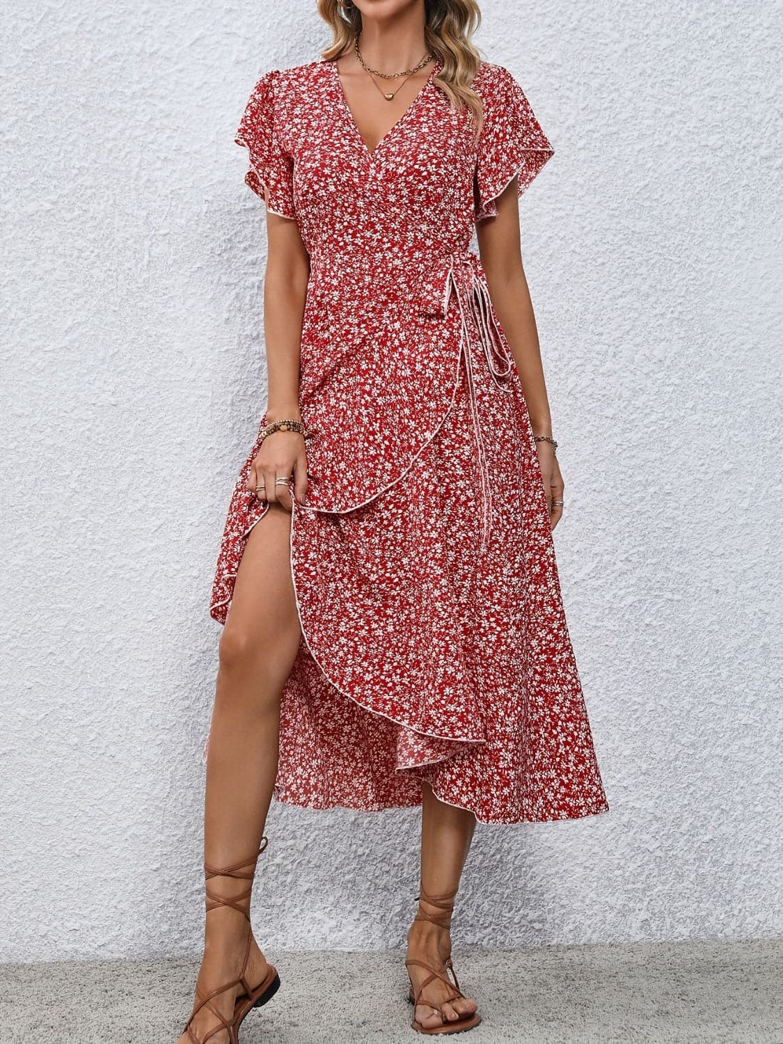 Printed Surplice Flutter Sleeve Midi Dress.