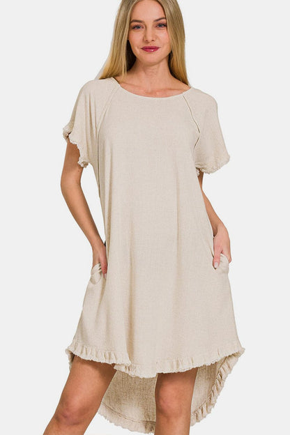 Zenana Fringe Edge High Low Flowy Dress with Pockets.