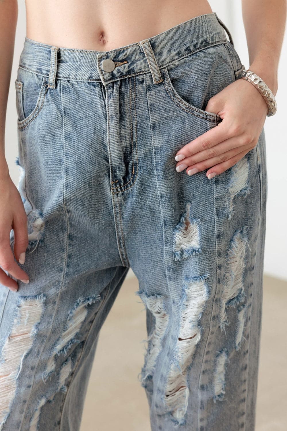 Litz La Washed Barrel Leg High Waist Distressed Jeans.