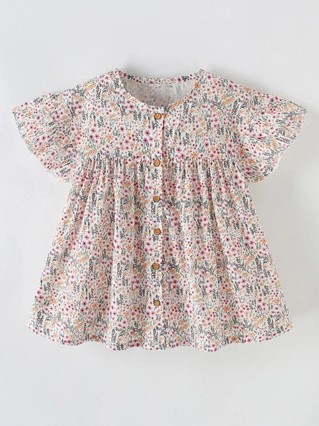 Children's Floral Print Button-Front Ruffle Sleeve Dress Simply Love