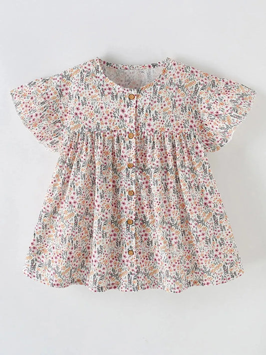 Children's Floral Print Button-Front Ruffle Sleeve Dress Simply Love