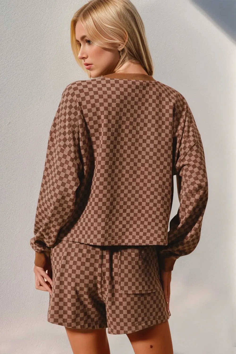 Double Take Checkered Half Button Top and Shorts Set - Love Salve