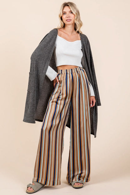 Chic Striped Satin Wide Leg Pants with Elastic Waist and Pockets