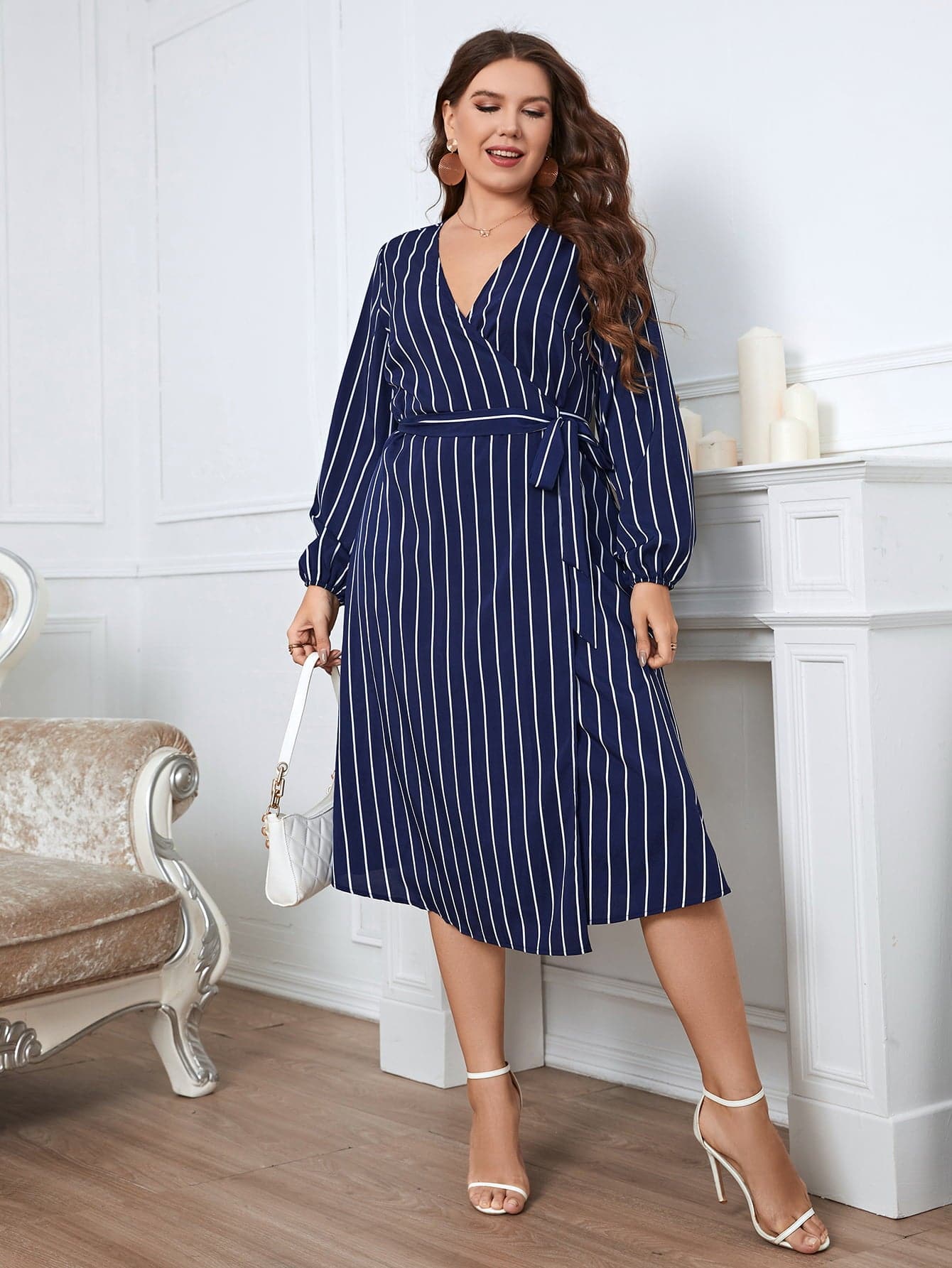 Melo Apparel Plus Size Striped Surplice Neck Long Sleeve Dress.