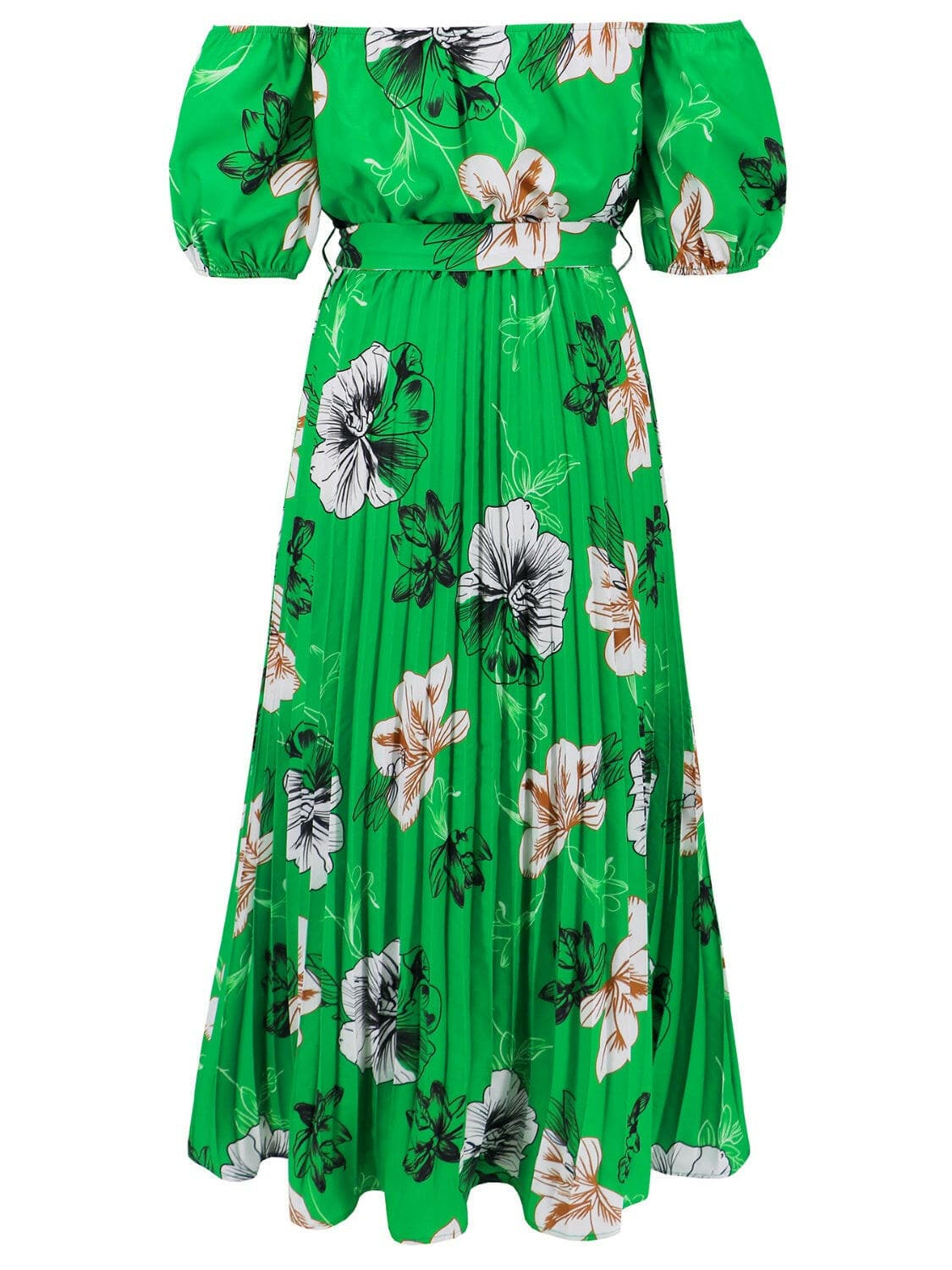 Pleated Floral Off-Shoulder Short Sleeve Midi DressPleated Floral Off-Shoulder Short Sleeve Midi Dress
 Step into elegance with our Pleated Floral Off-Shoulder Short Sleeve Midi Dress. Embrace sophistication effortleLove Salve -Shoulder Short Sleeve Midi Dressjust arrived