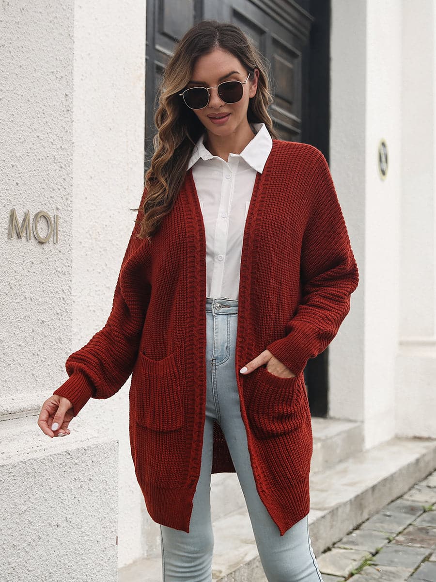 Open Front Rib-Knit Cardigan with Pockets.