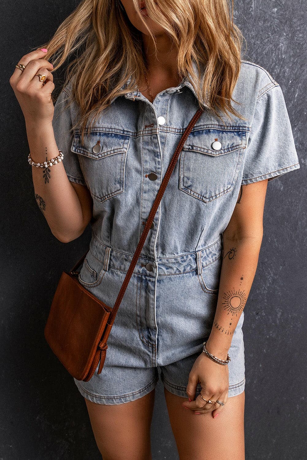 Collared Neck Short Sleeve Denim Romper.