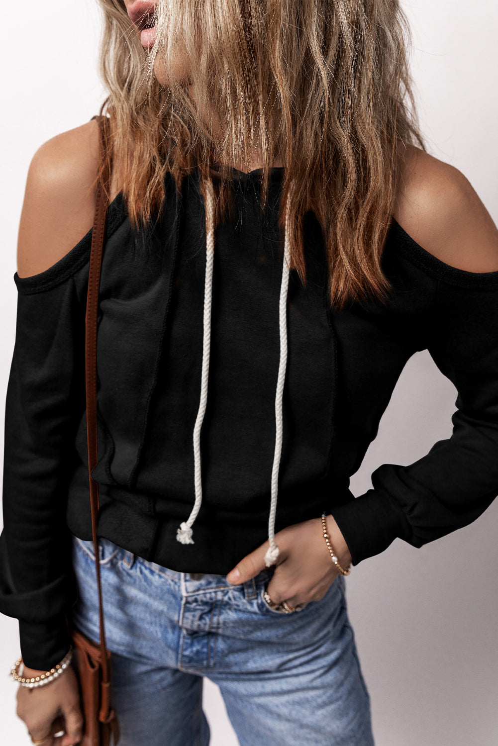 Chic cold shoulder drawstring hoodie with exposed seam details