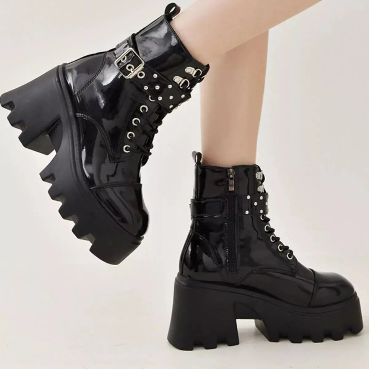Platform Ankle Boots with Buckle and Studded Detail Simply Love