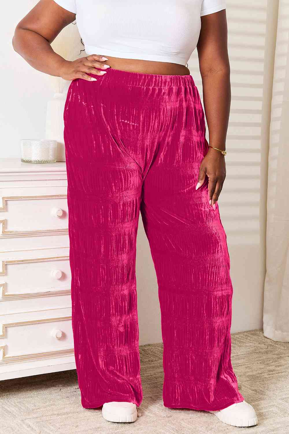 Double Take Full Size High Waist Tiered Shirring Velvet Wide Leg Pants - Love Salve