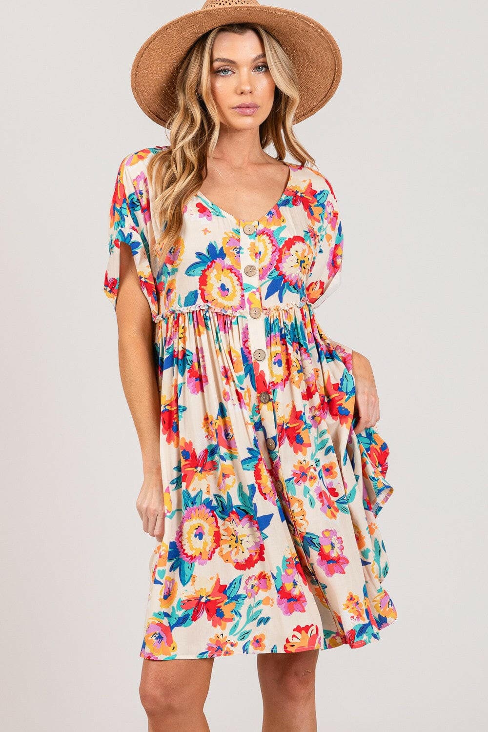 Charming floral button-down dress by SAGE + FIG in full size featuring short sleeves and vibrant pattern.