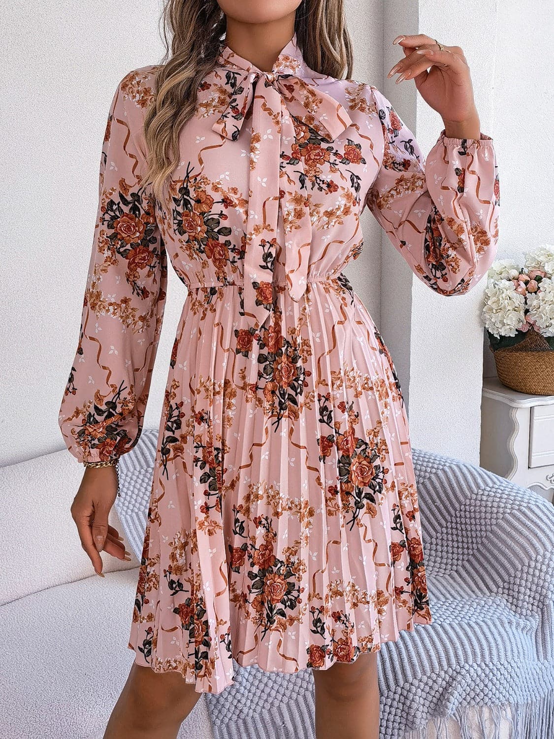 Pleated Printed Tie Neck Long Sleeve Dress.