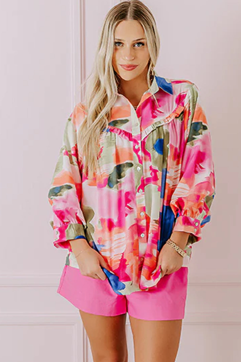 Chic rose-print ruffled puff sleeve blouse