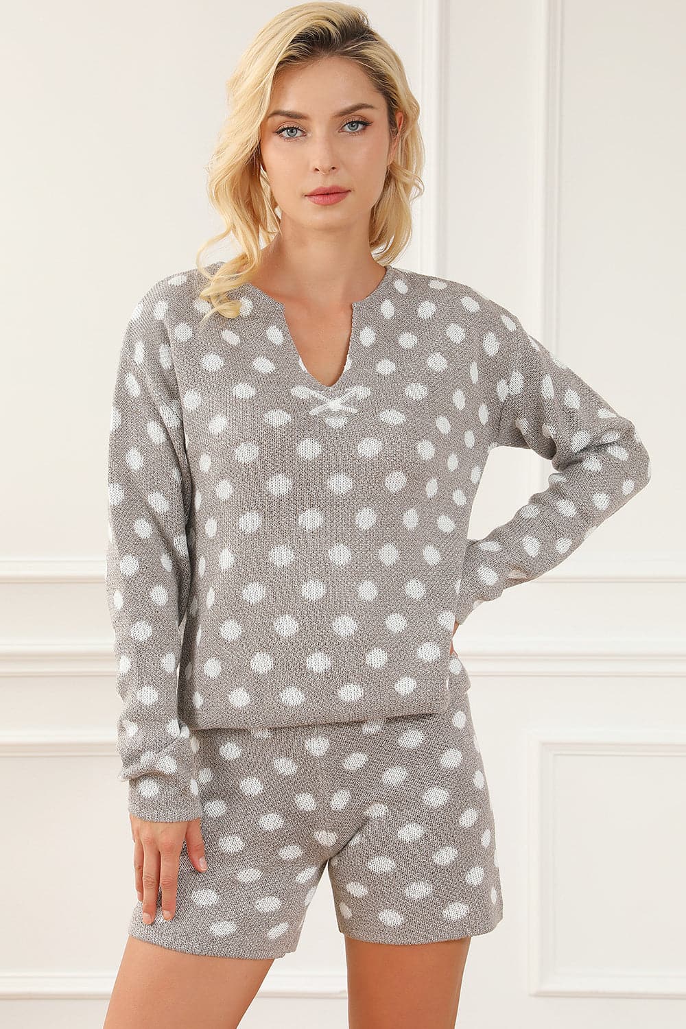 Polka Dot Notched Neck Top and Shorts Set.