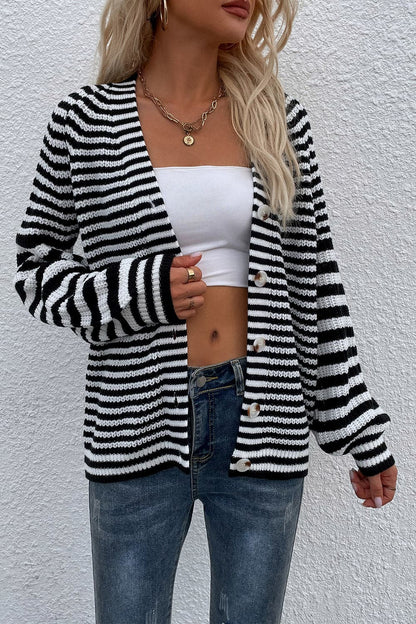 Striped V-Neck Button-Down Cardigan.