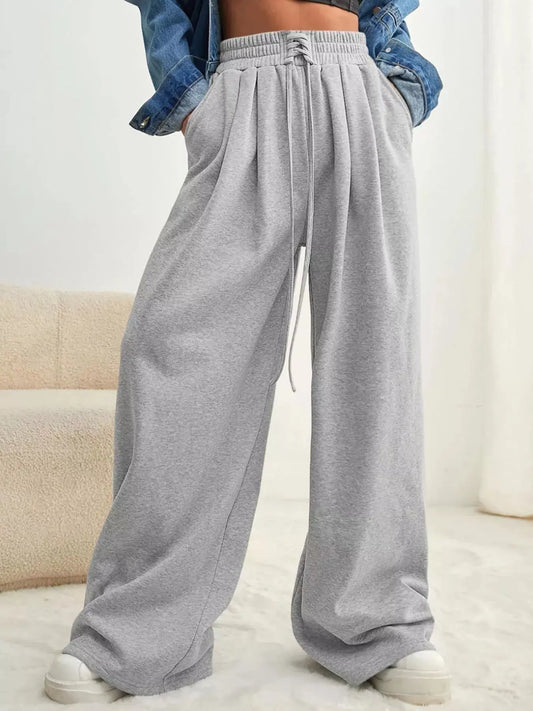 Grey Drawstring Waist Wide Leg Lounge Pants With Hidden Pockets Simply Love