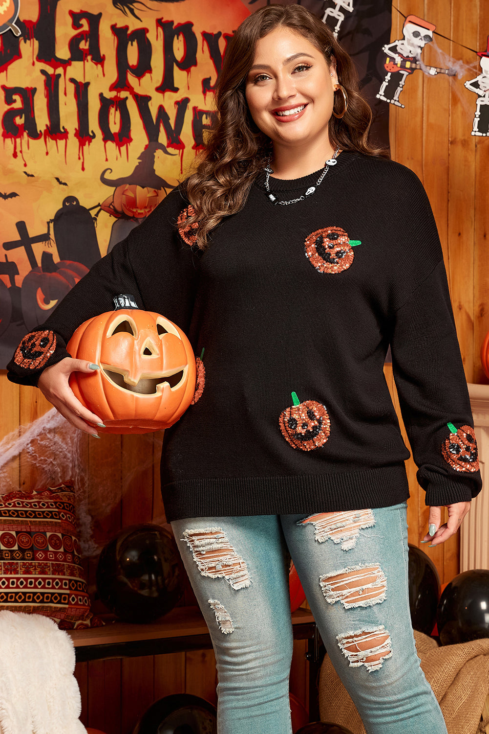 Chic black sequined pumpkin sweater