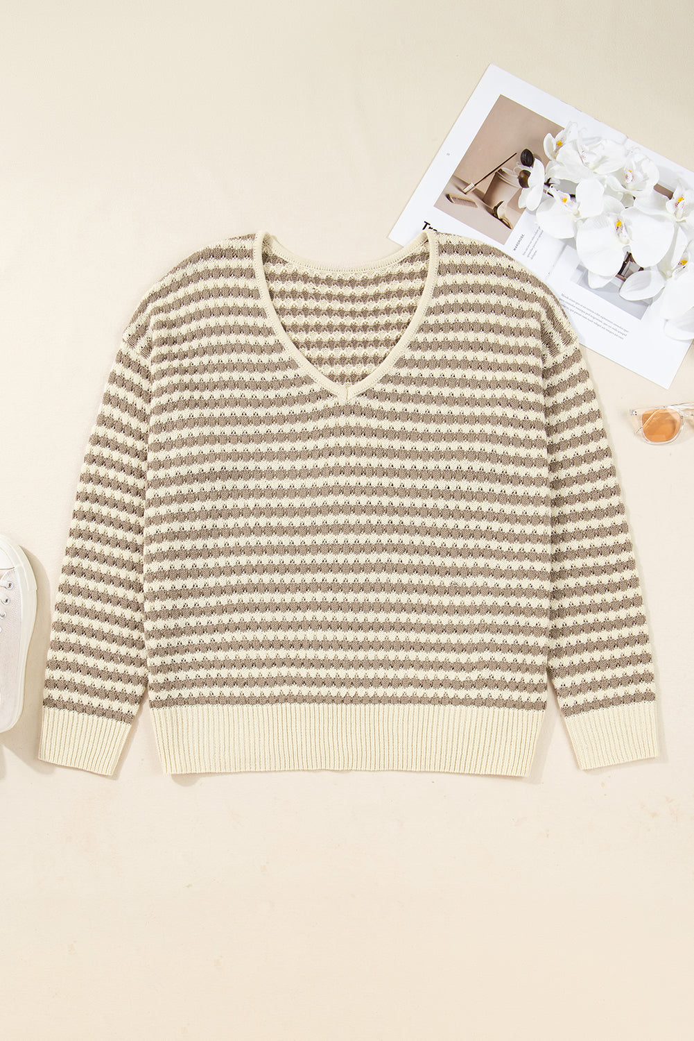 Dear-Lover Khaki Stripe Plus Size Women's V-Neck Sweater Casual Fall Knit Dear-Lover Dropshipping