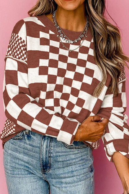 Checkered Round Neck Long Sleeve SweaterFeatures: Basic style
Stretch: Slightly stretchy
Material composition: 50% viscose, 28% polyester, 22% polyamide
Care instructions: Machine wash cold. Tumble dry lowLove Salve Checkered Round Neck Long Sleeve SweaterKnit Tops