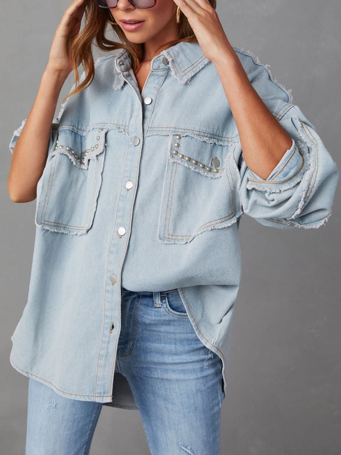 Button Down Raw Hem Denim Jacket.