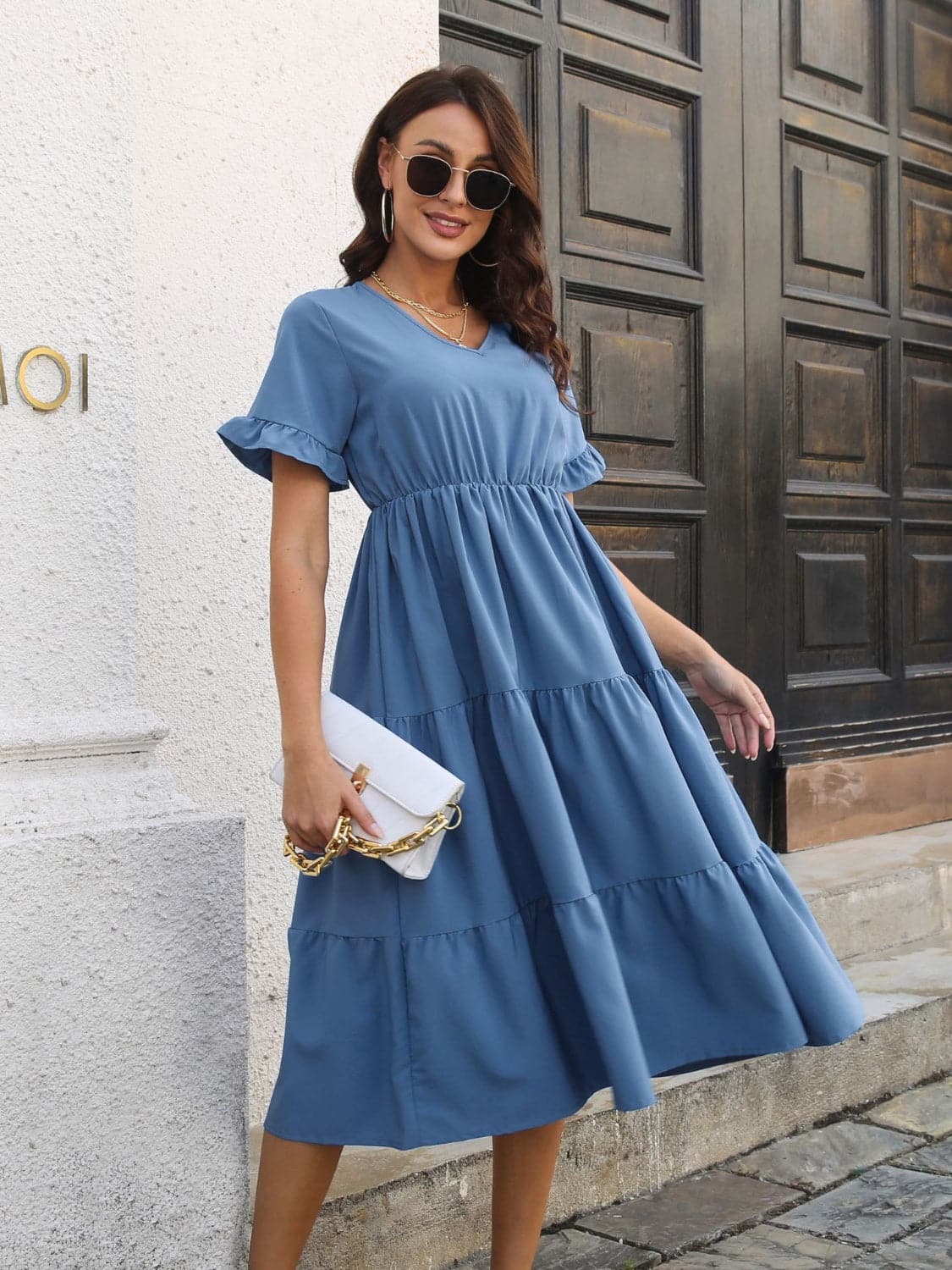 V-Neck Short Sleeve Midi Dress.