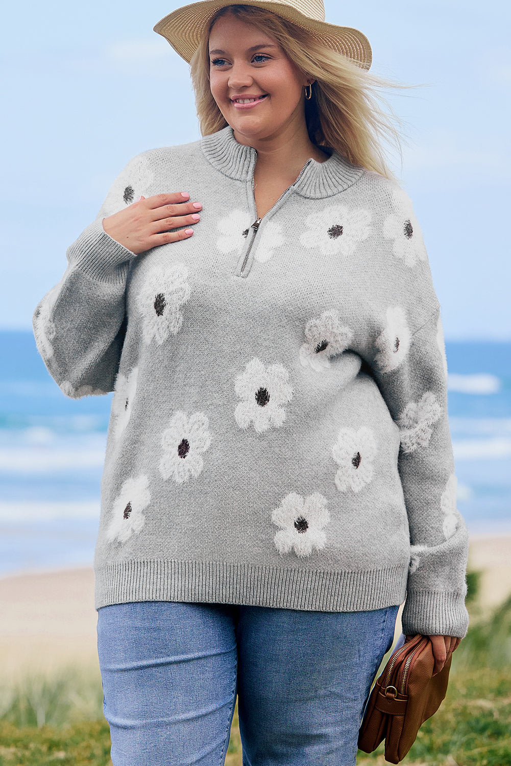 Gray floral embroidered plus size sweater