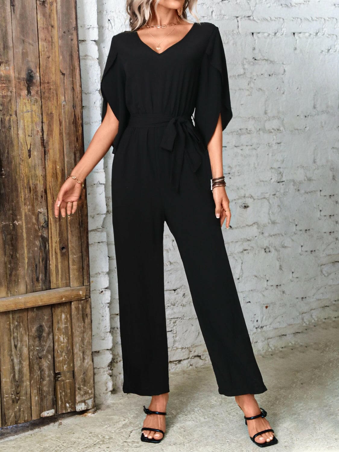 Tied V-Neck Half Sleeve Wide Leg Jumpsuit.