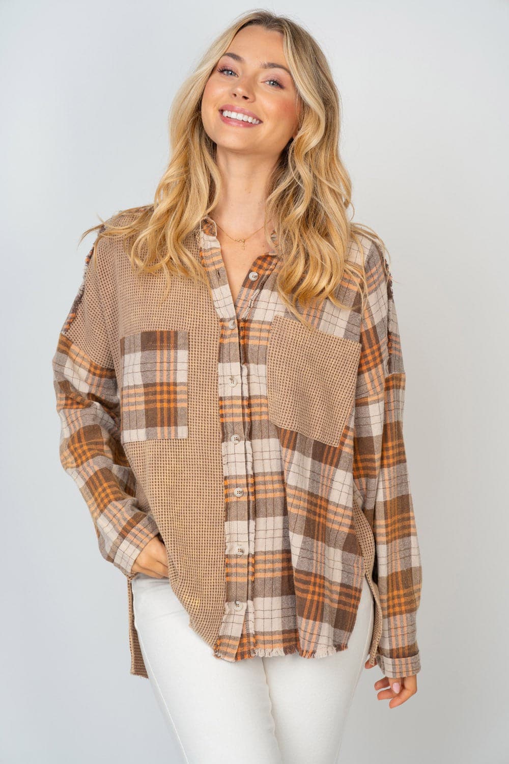 White Birch Full Size Contrast Plaid Button Down Shirt.