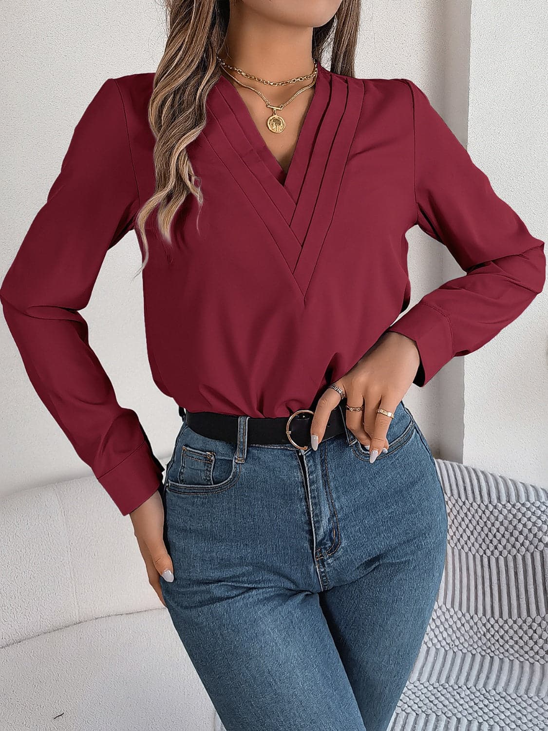 V-Neck Long Sleeve Blouse.