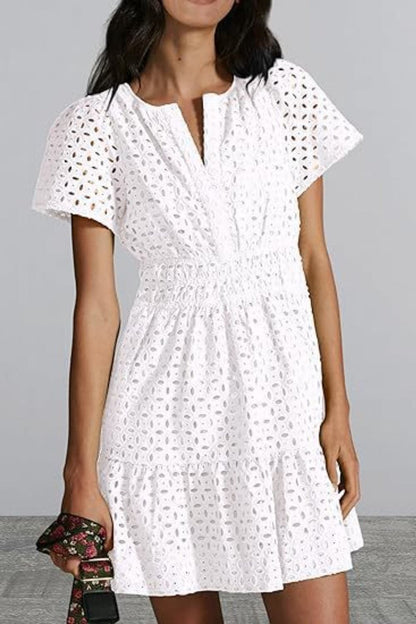 Sheer Eyelet Mini Dress With Sleeves For Effortless Elegance