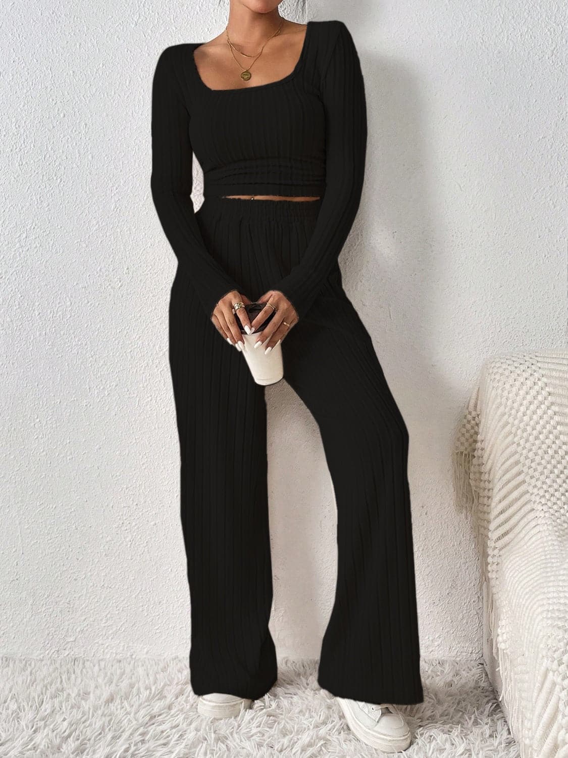 Cozy scoop neck long sleeve top and matching pants set