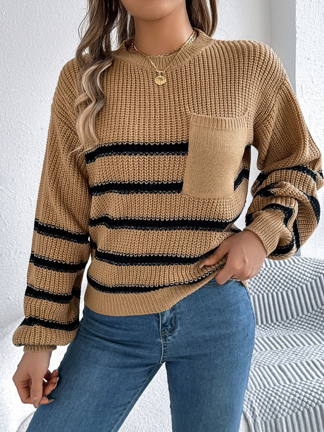 Striped Round Neck Long Sleeve Sweater