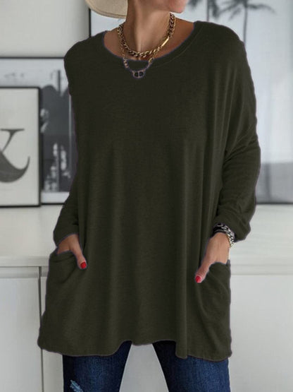 Chic and comfy round neck long sleeve tee with pockets