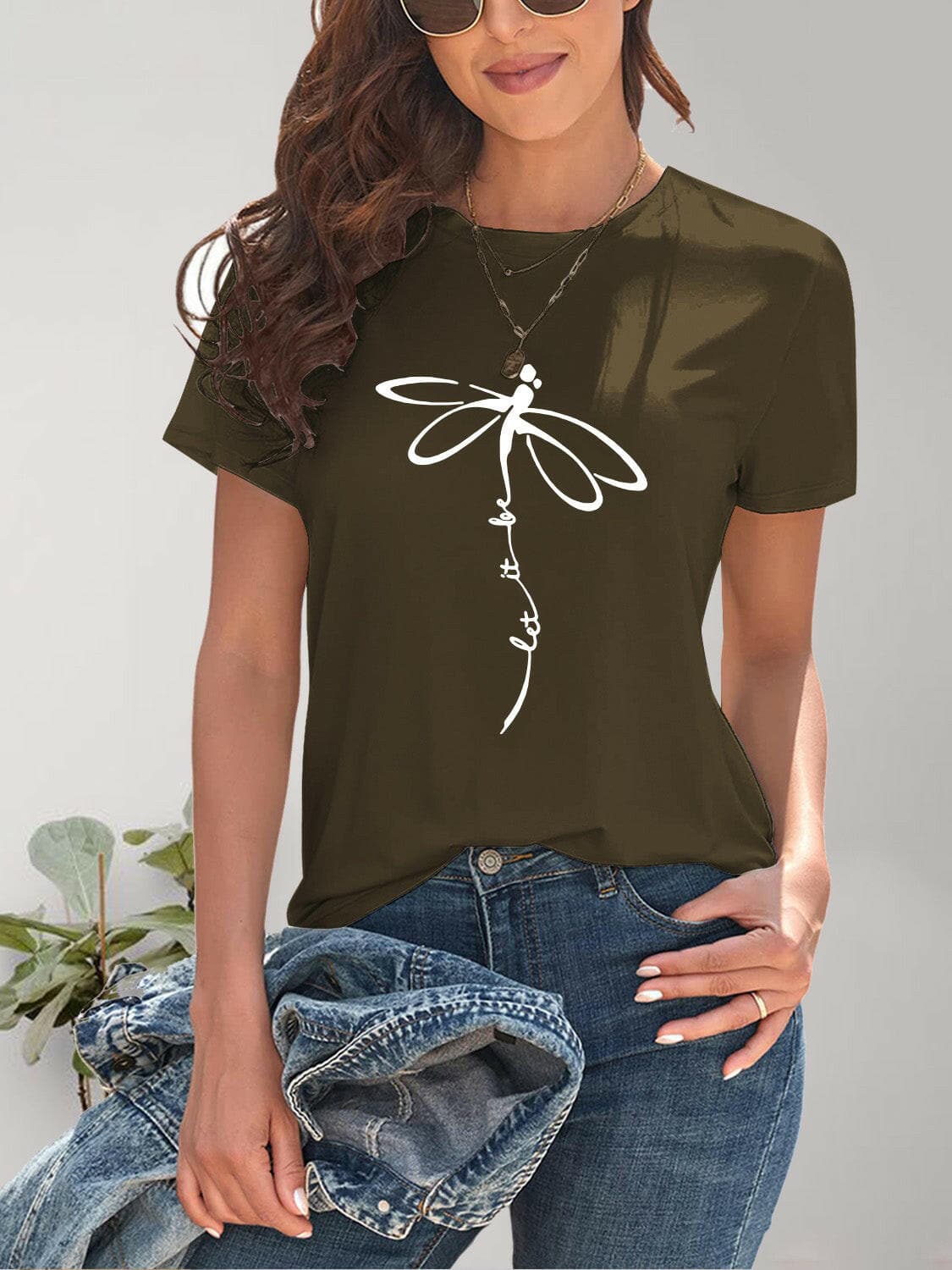 Dragonfly Graphic Round Neck Short Sleeve T-Shirt.