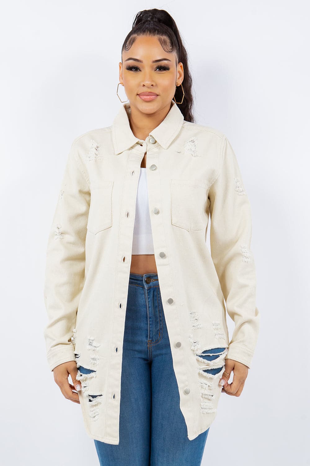 Edgy distressed denim jacket with button-up front