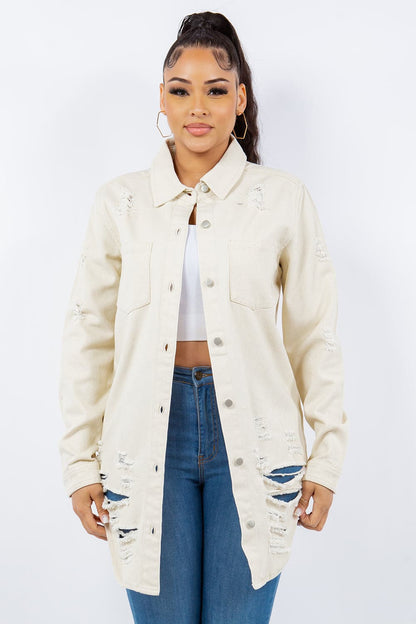 Edgy distressed denim jacket with button-up front