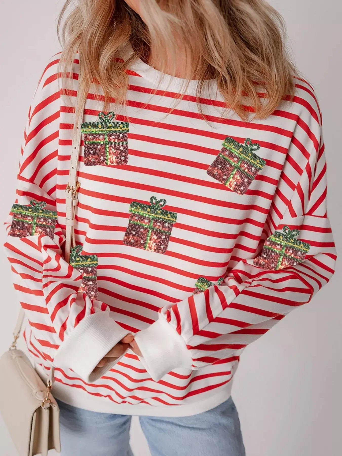 Stripe Sequin Christmas Gift Patched Drop Shoulder Sweatshirt Simply Love