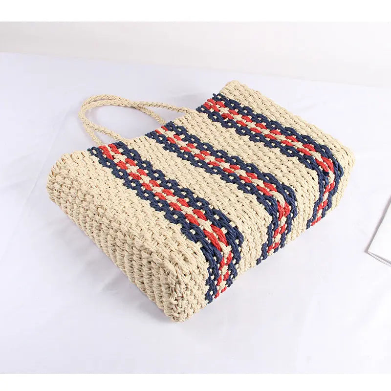 Straw Bag Women Striped One Shoulder Portable Large Capacity Woven Square Bag Travel Vacation Beach Bag Bella Mia