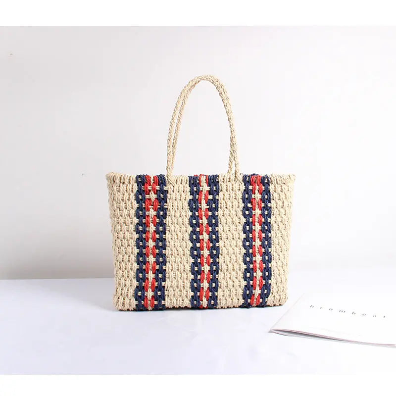 Straw Bag Women Striped One Shoulder Portable Large Capacity Woven Square Bag Travel Vacation Beach Bag Bella Mia