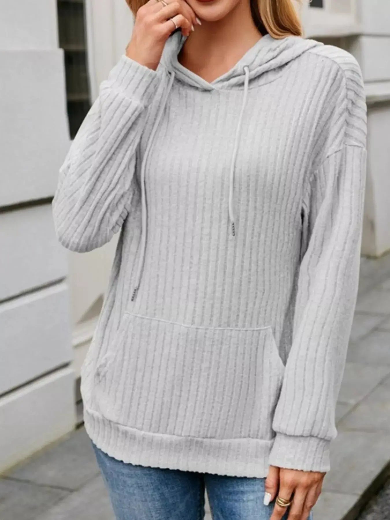 Casual Ribbed Knit Hoodie With Drawstring Front Pocket Simply Love