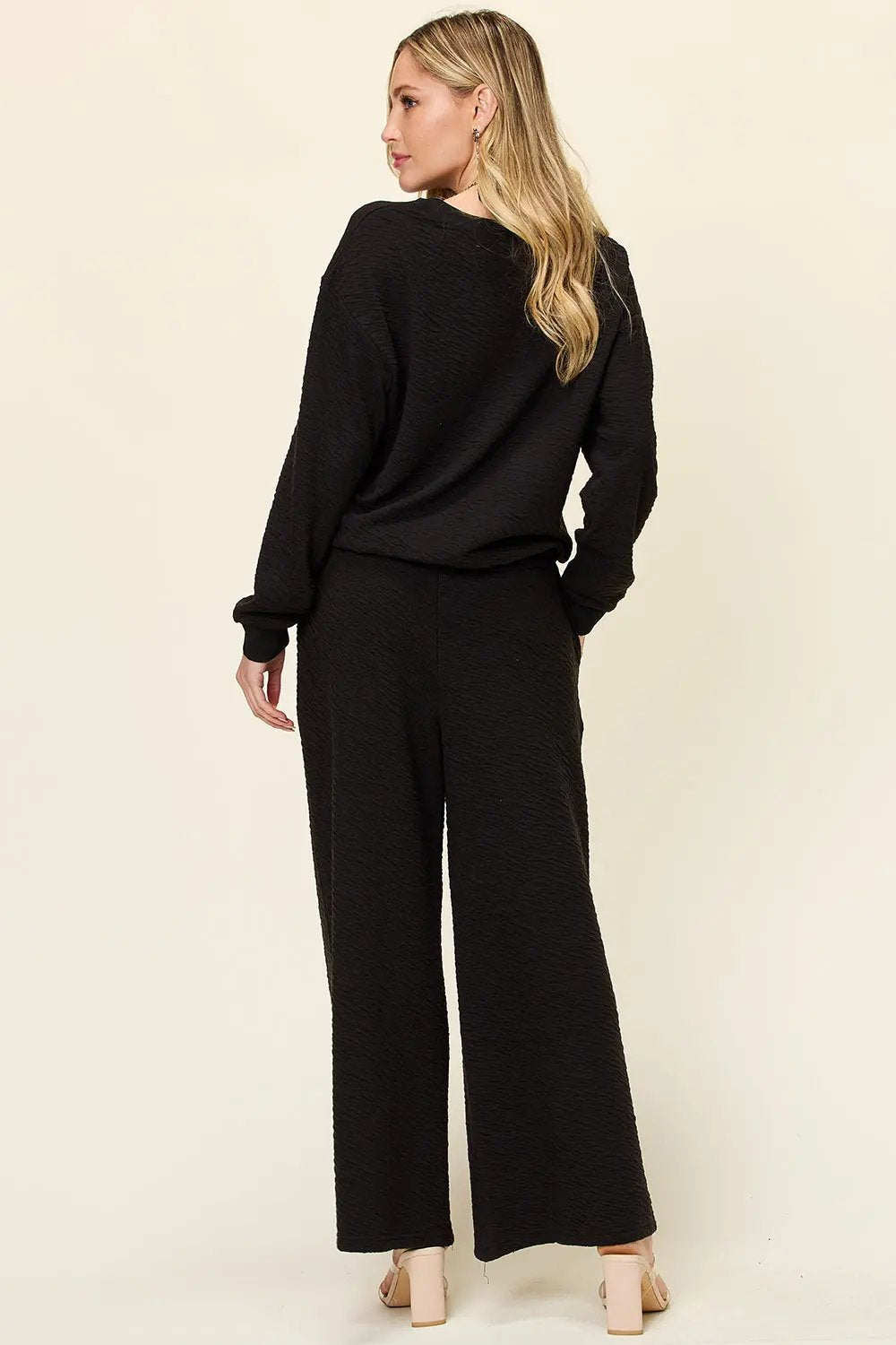 Double Take Full Size Texture Long Sleeve Top and Pants Set - Love Salve