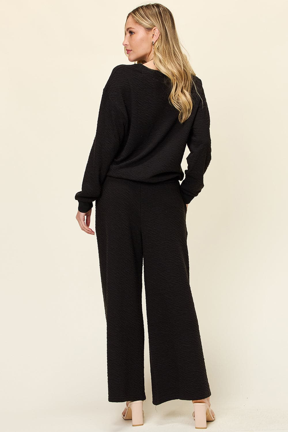 Double Take Full Size Texture Long Sleeve Top and Pants Set.