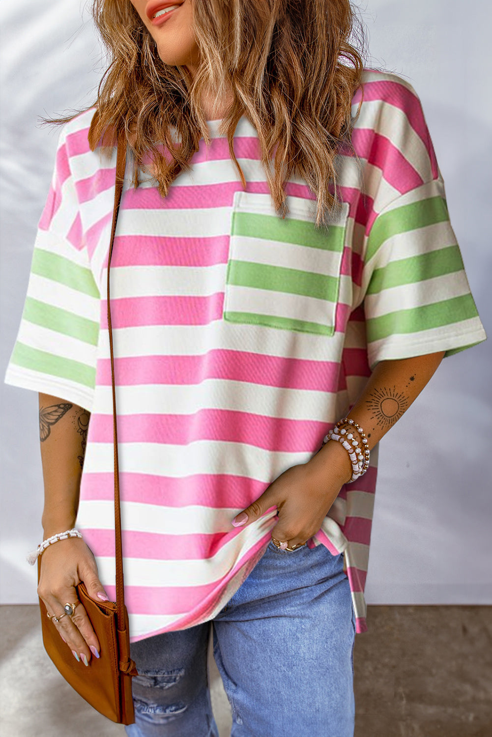 Zaria Patch Pocket Drop Sleeve T Shirt with Stripe Pattern - Love Salve 
