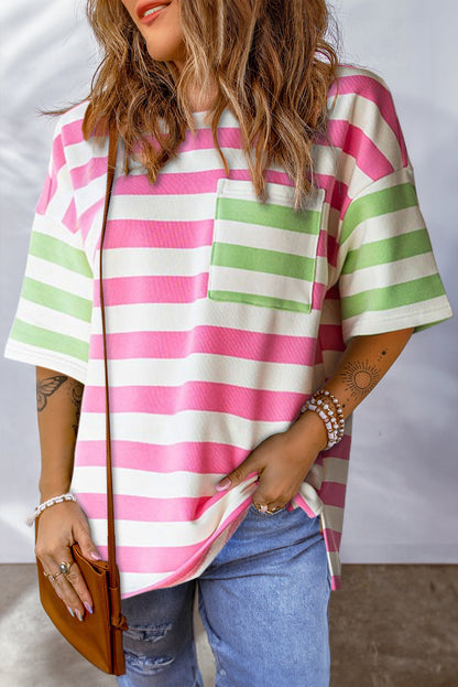 Zaria Patch Pocket Drop Sleeve T Shirt with Stripe Pattern - Love Salve 