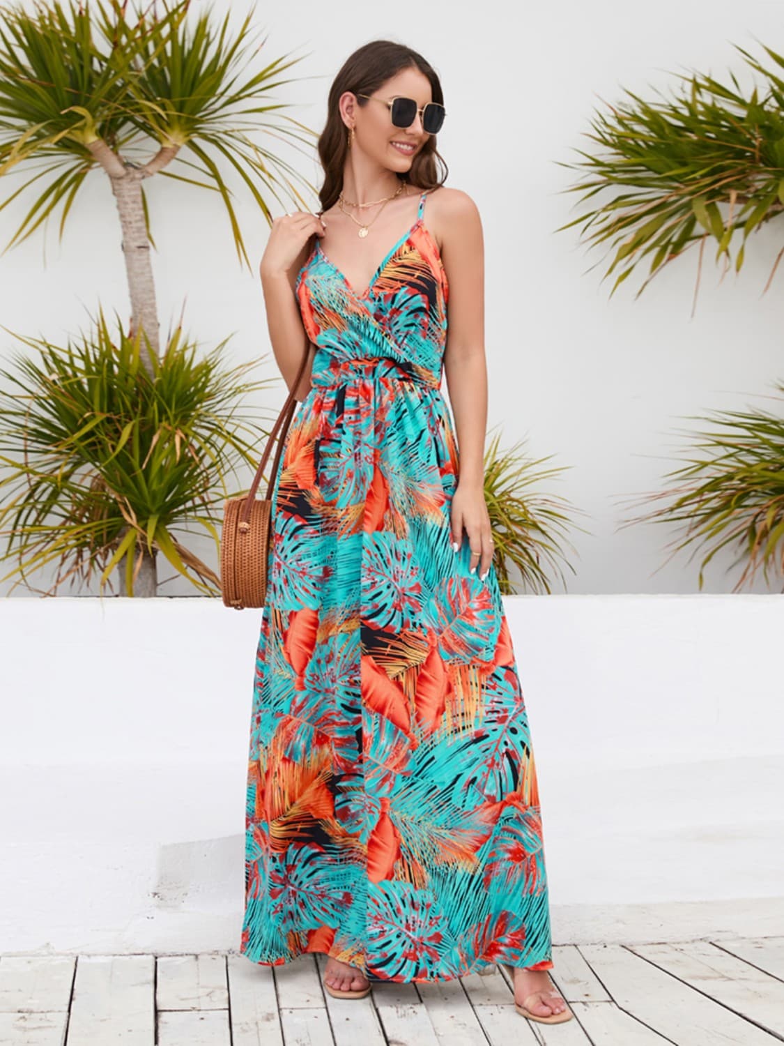 Printed Surplice Spaghetti Strap Dress.