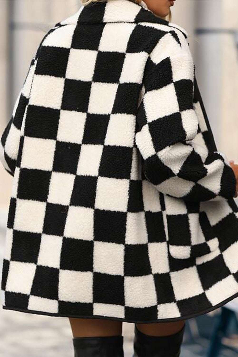 Black Checkered Side Pockets Collared Buttoned Fleece Jacket - Love Salve 
