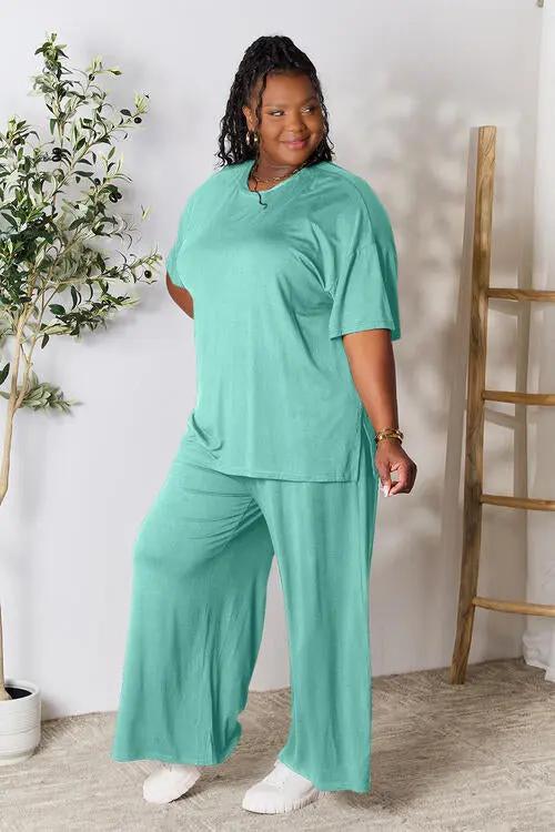 Double Take Full Size Round Neck Slit Top and Pants Set - Love Salve